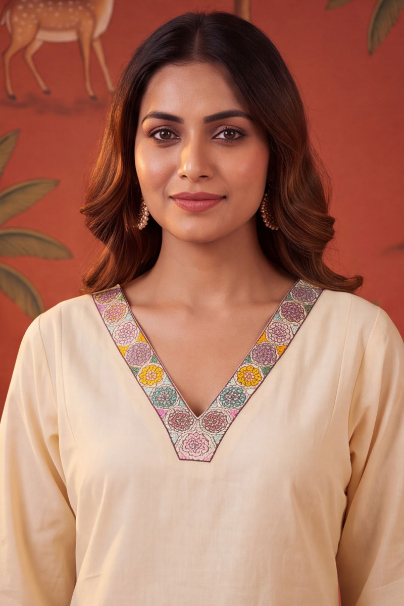Beige Color Cotton Readymade Embroidered Top With Bottom