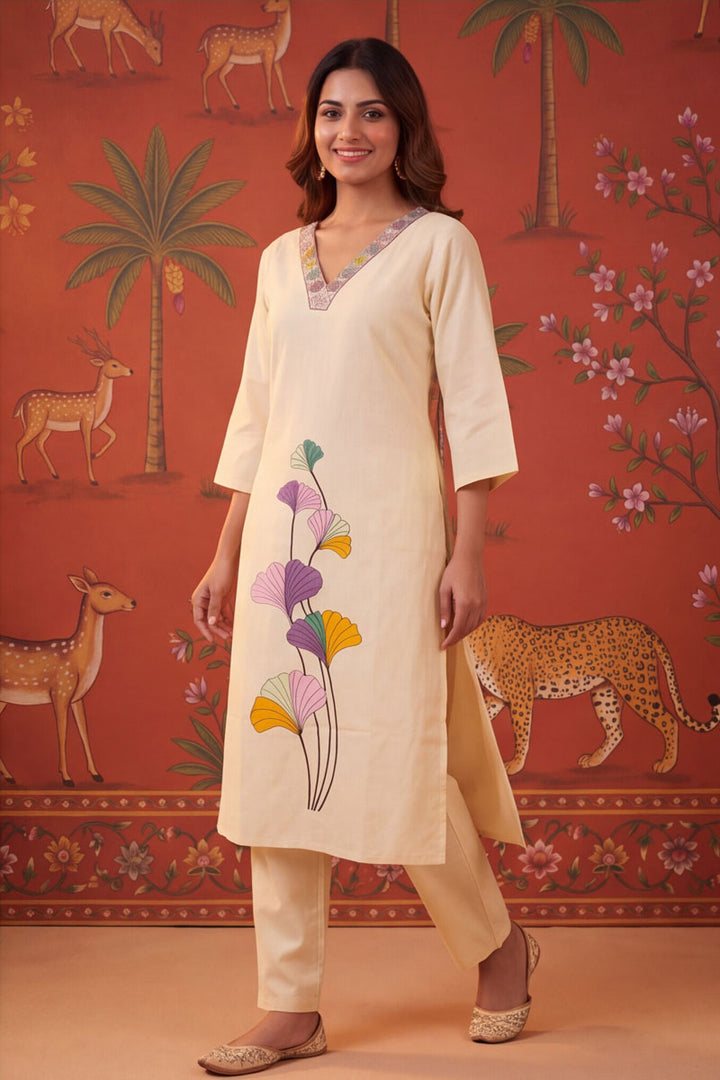Beige Color Cotton Readymade Embroidered Top With Bottom