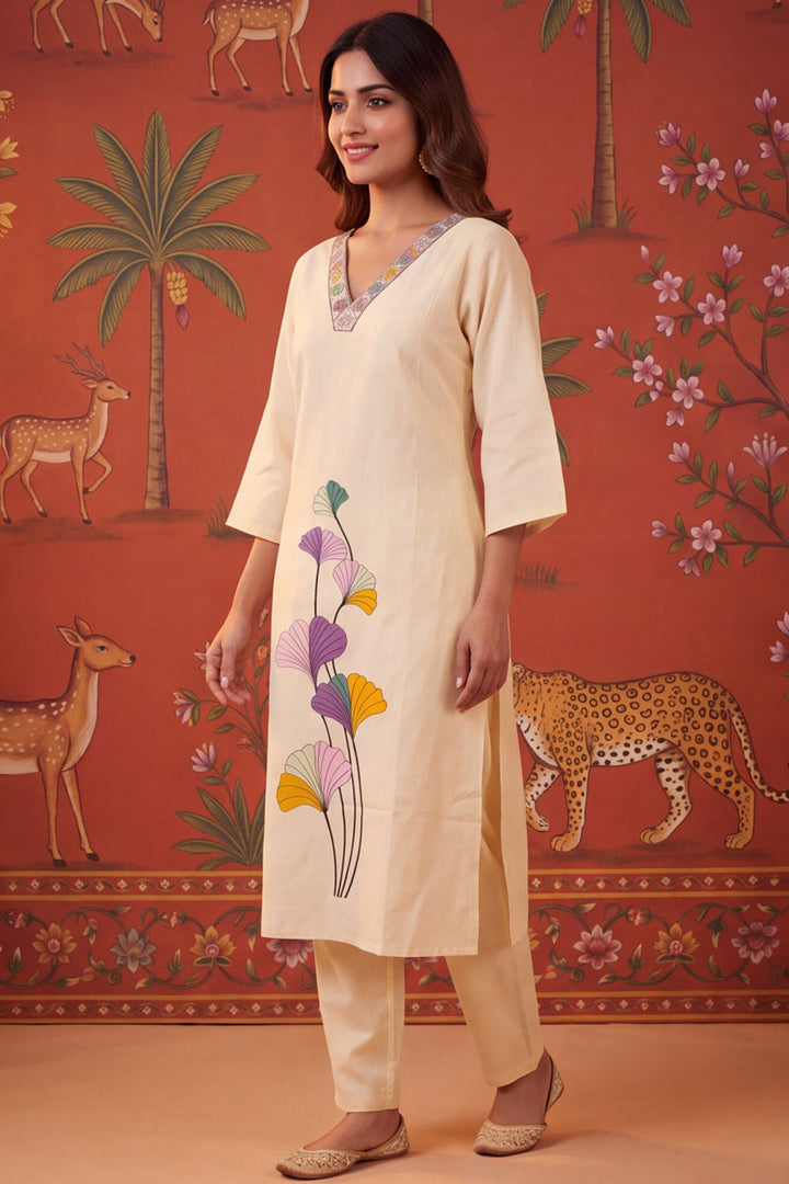 Beige Color Cotton Readymade Embroidered Top With Bottom