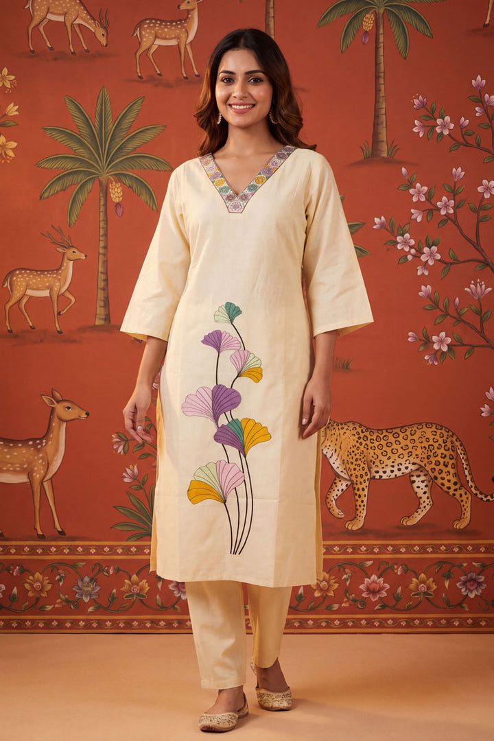 Beige Color Cotton Readymade Embroidered Top With Bottom