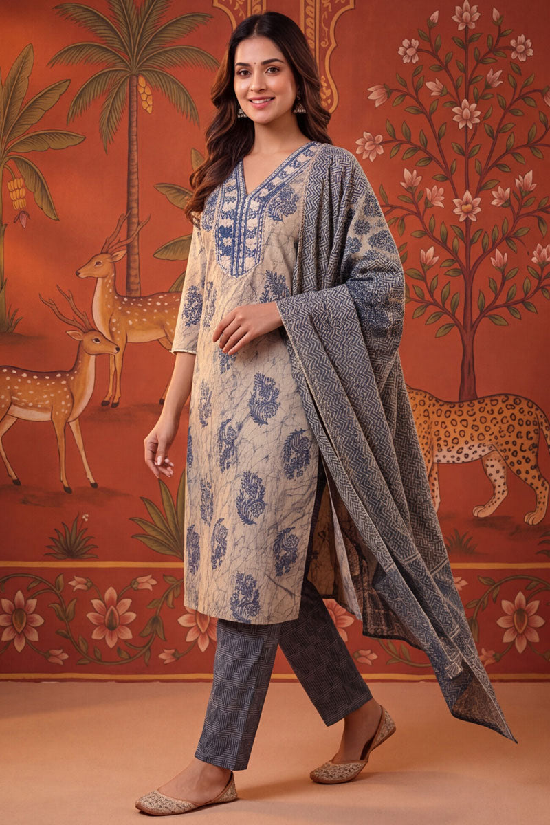 Blue Color Cotton Printed Beautiful Readymade Salwar Suit