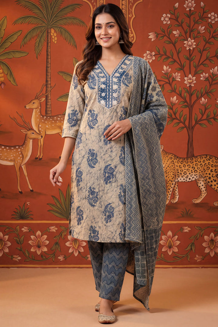 Blue Color Cotton Printed Beautiful Readymade Salwar Suit