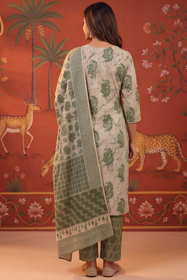 Green Color Cotton Printed Readymade Salwar Suit