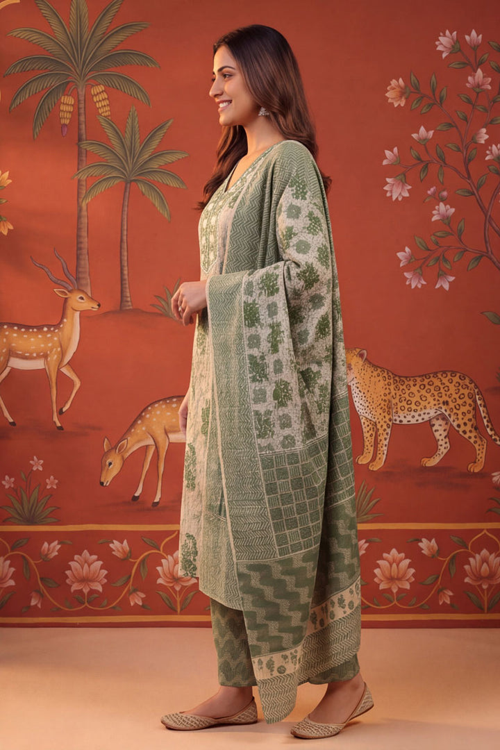 Green Color Cotton Printed Readymade Salwar Suit