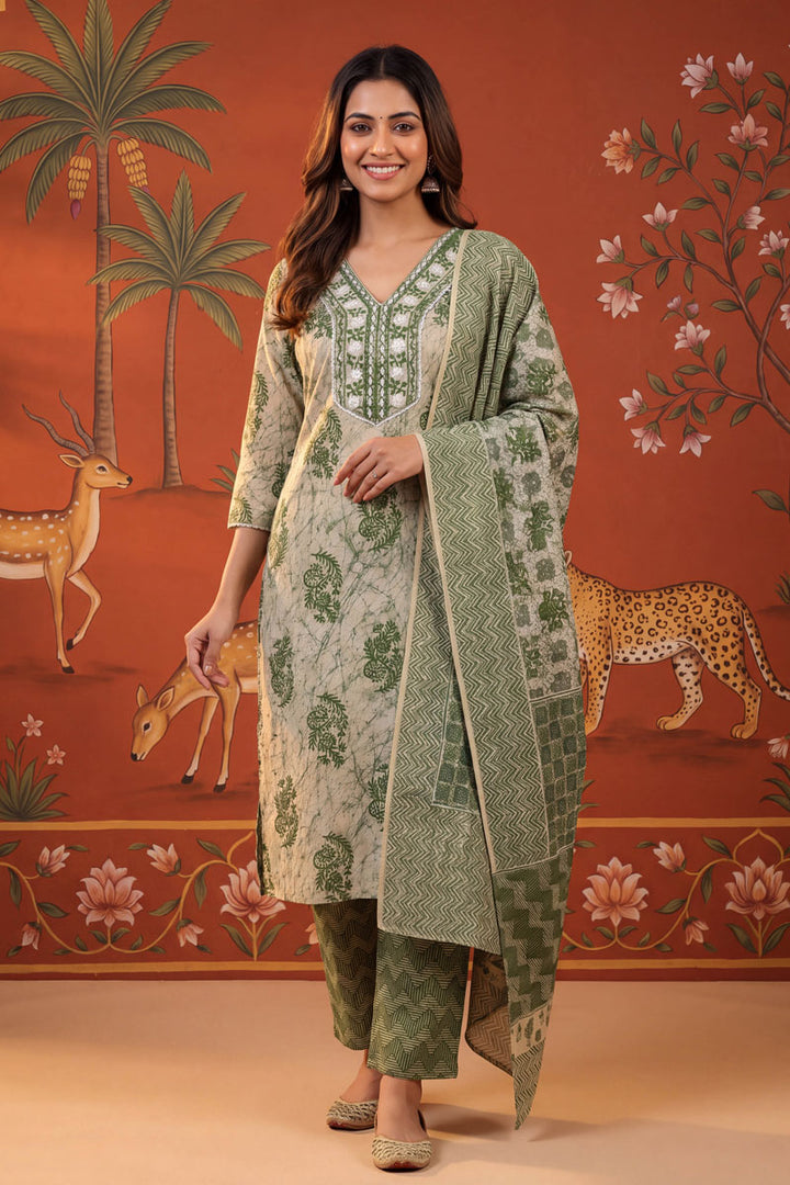 Green Color Cotton Printed Readymade Salwar Suit