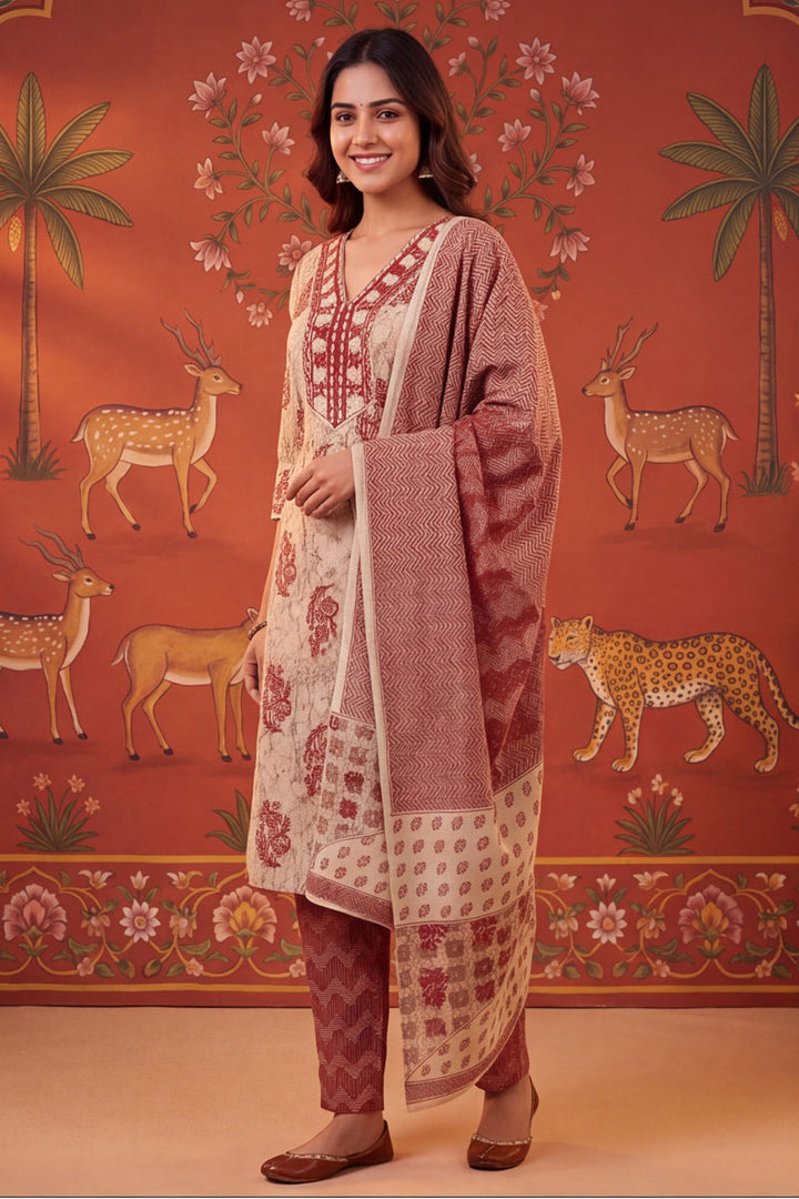 Maroon Color Cotton Readymade Printed Salwar Suit