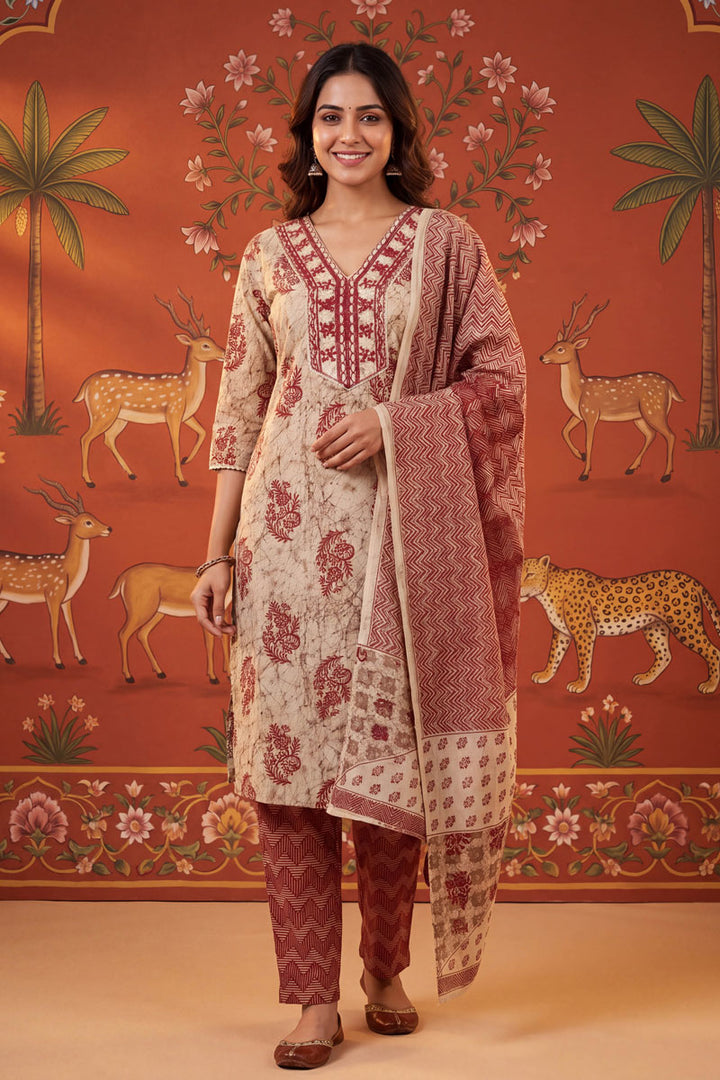 Maroon Color Cotton Readymade Printed Salwar Suit