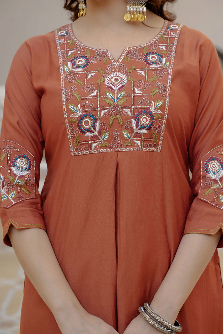 Traditional Rust Color Readymade Viscose Silk Salwar Suit | Buy Online India