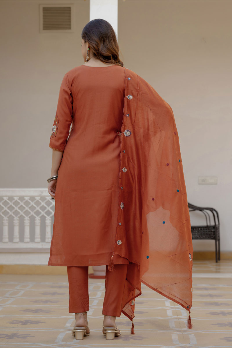 Traditional Rust Color Readymade Viscose Silk Salwar Suit | Buy Online India