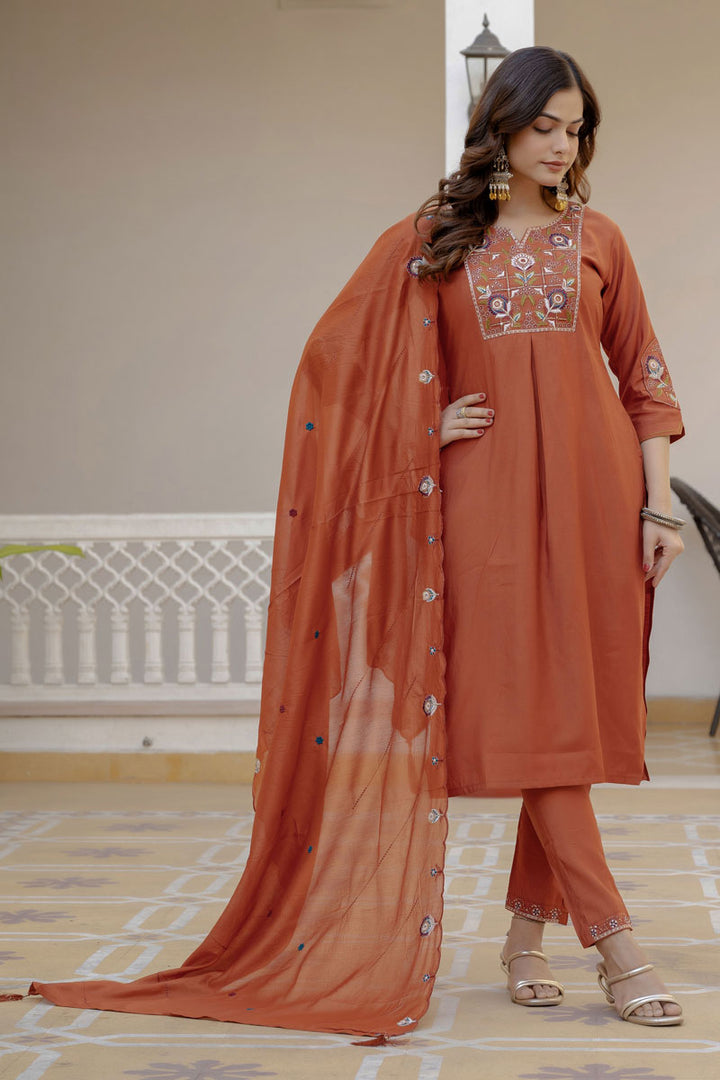 Traditional Rust Color Readymade Viscose Silk Salwar Suit | Buy Online India