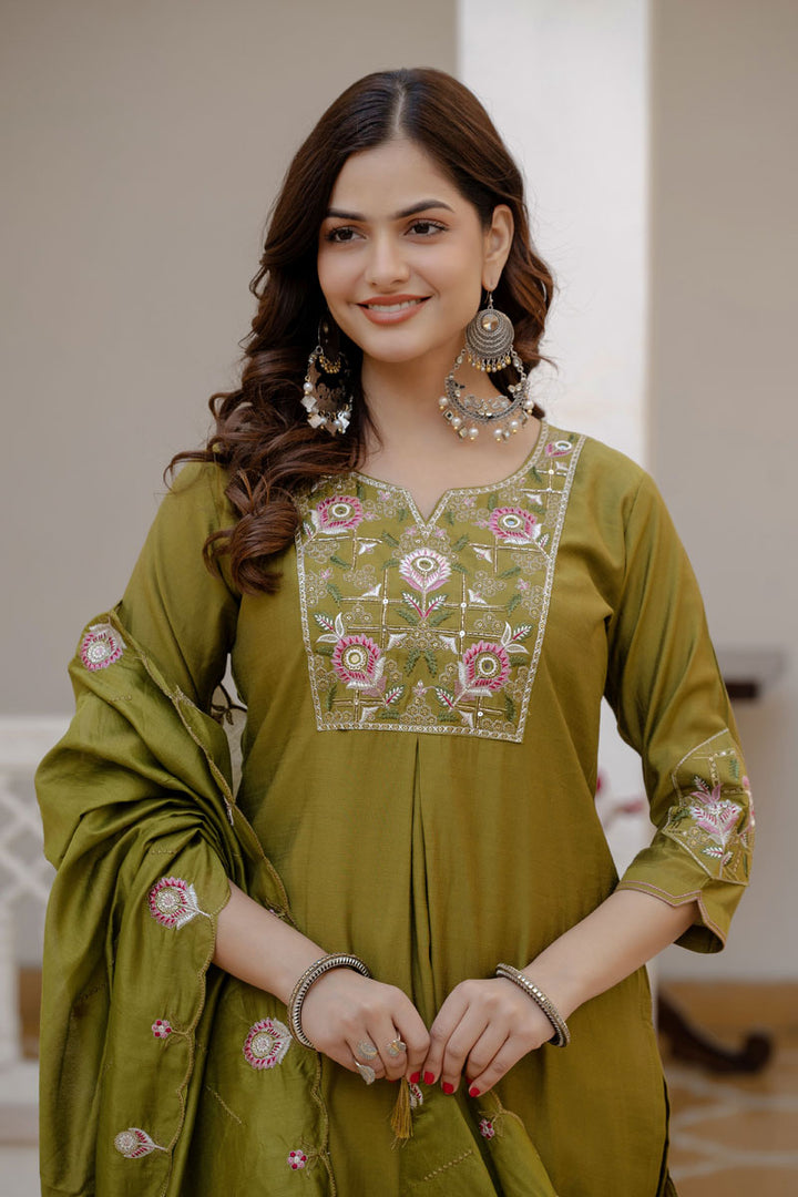 Viscose Silk Olive Color Elegant Readymade Salwar Suit | Buy Online India