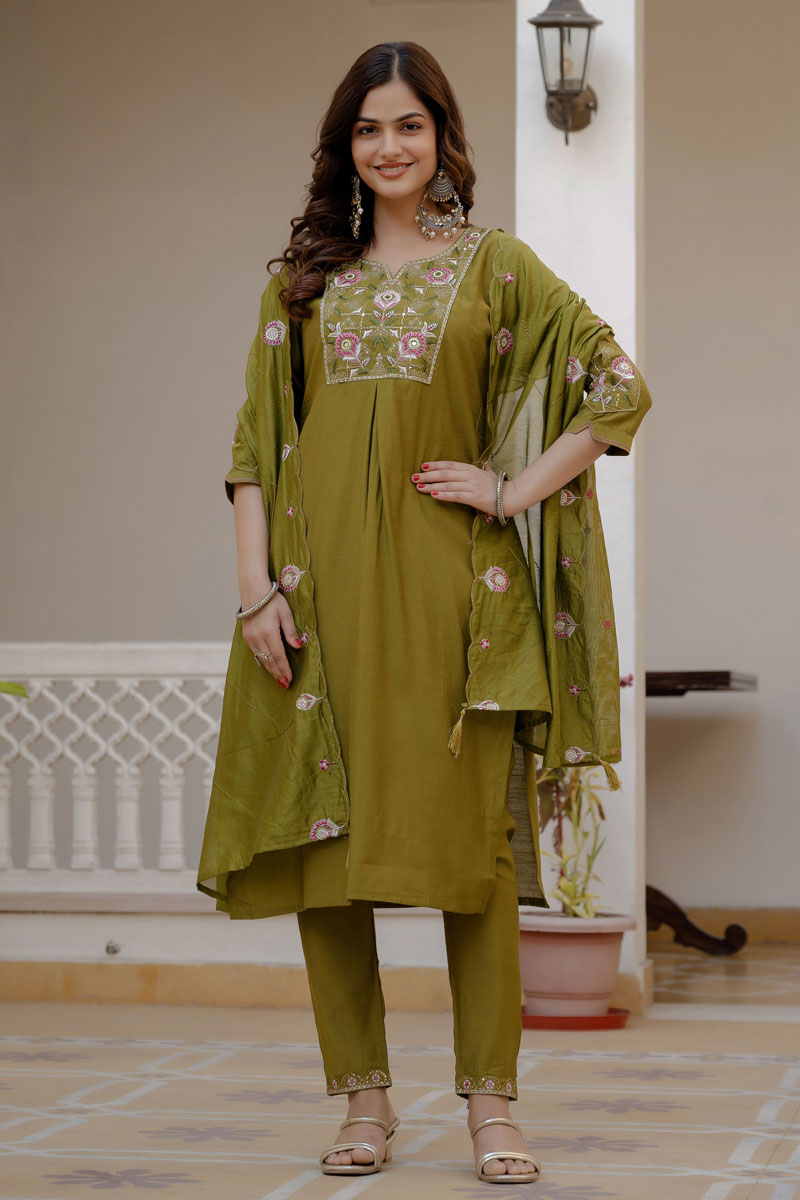 Viscose Silk Olive Color Elegant Readymade Salwar Suit | Buy Online India