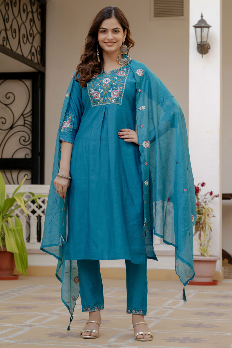 Teal Color Viscose Silk Readymade Salwar Suit For Festive | Buy Online India