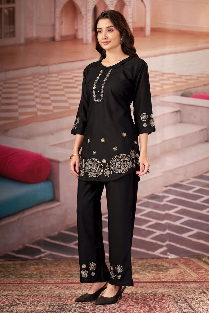 Black Color Festive Style Rayon Readymade Co Ord Set