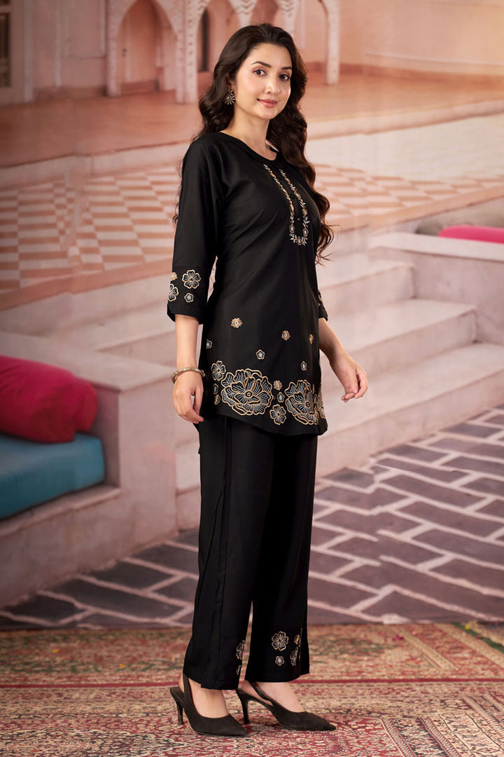 Black Color Festive Style Rayon Readymade Co Ord Set