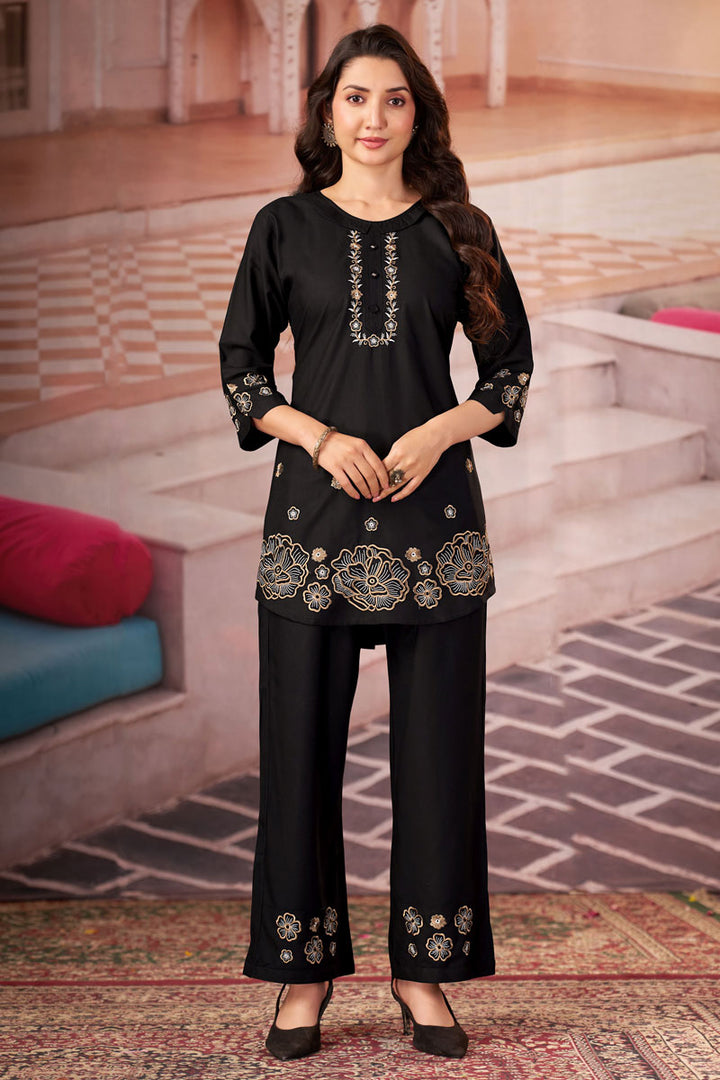 Black Color Festive Style Rayon Readymade Co Ord Set