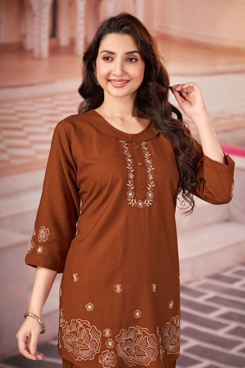Brown Festive Wear Rayon Readymade Co Ord Set