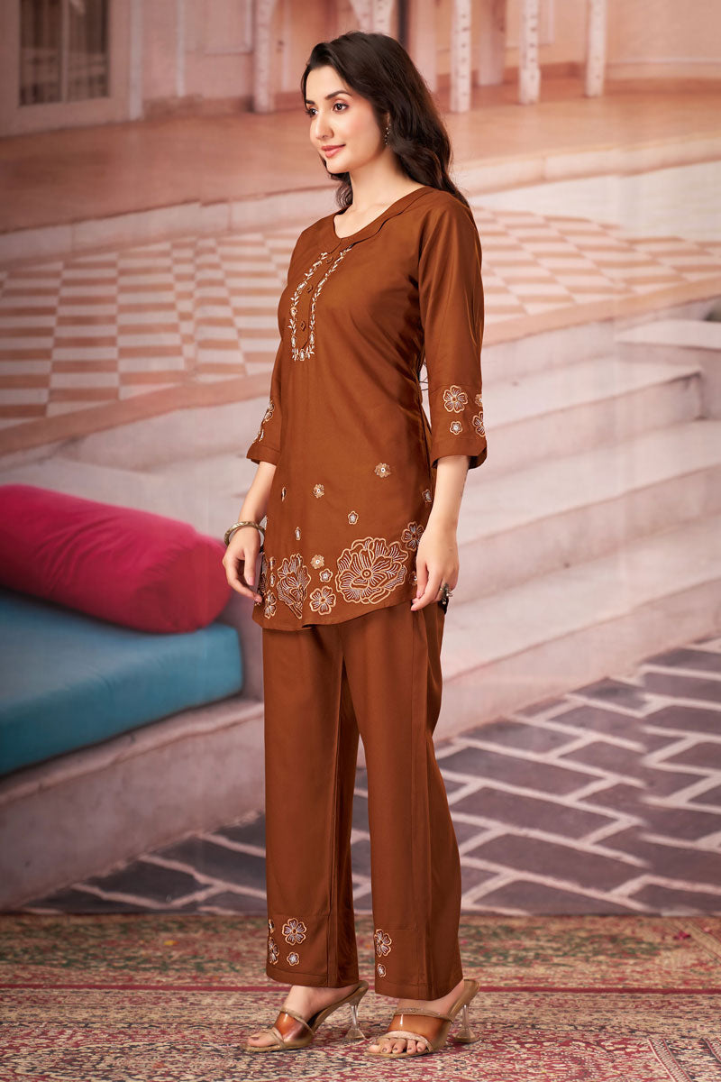 Brown Festive Wear Rayon Readymade Co Ord Set