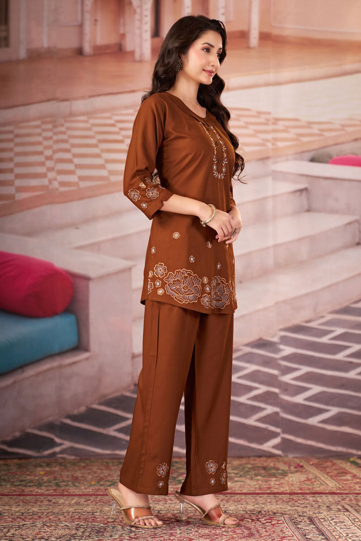 Brown Festive Wear Rayon Readymade Co Ord Set