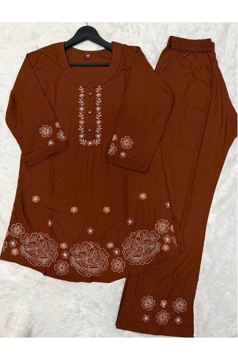 Brown Festive Wear Rayon Readymade Co Ord Set