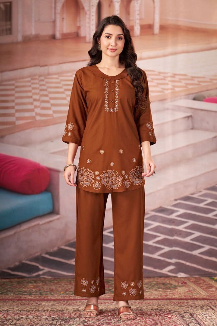 Brown Festive Wear Rayon Readymade Co Ord Set