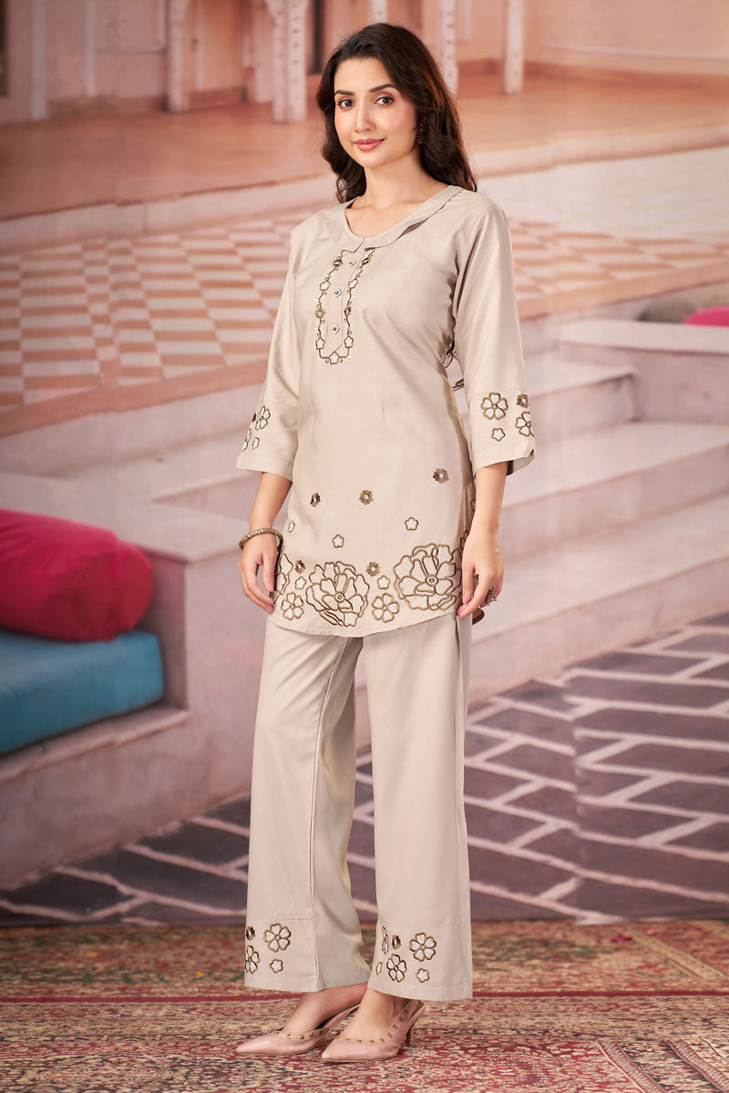 Rayon Festive Style Cream Color Readymade Co Ord Set