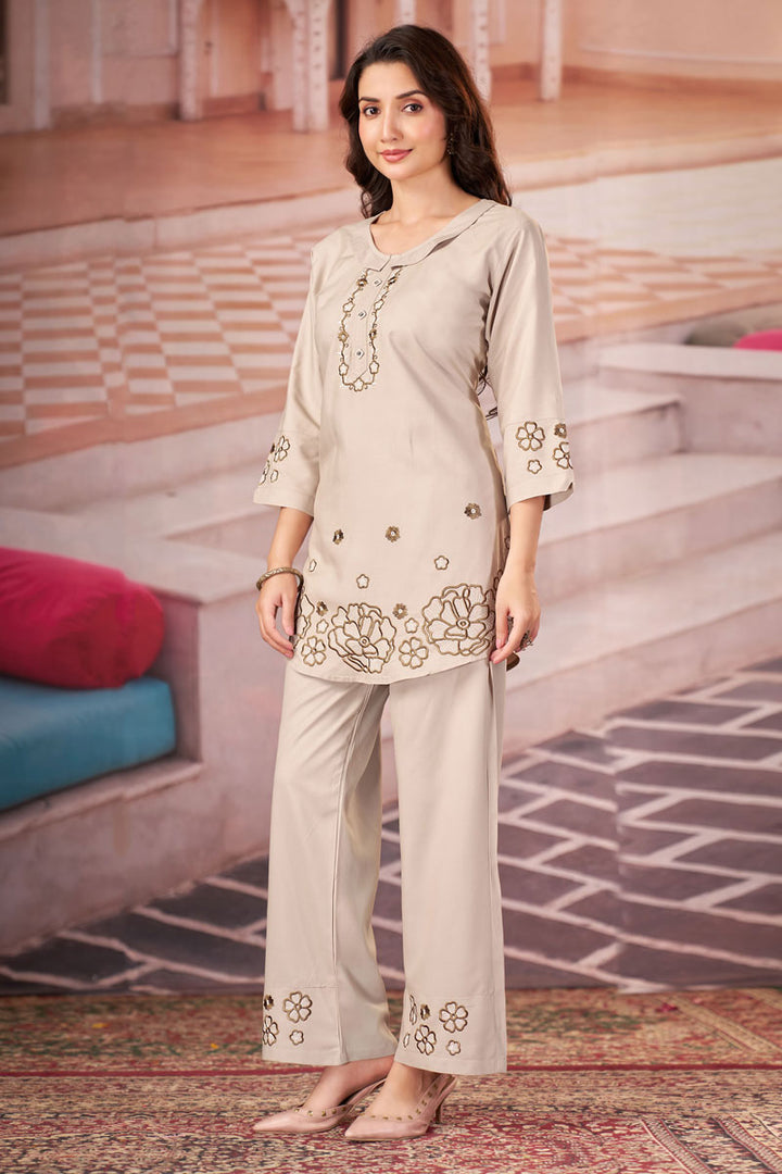 Rayon Festive Style Cream Color Readymade Co Ord Set
