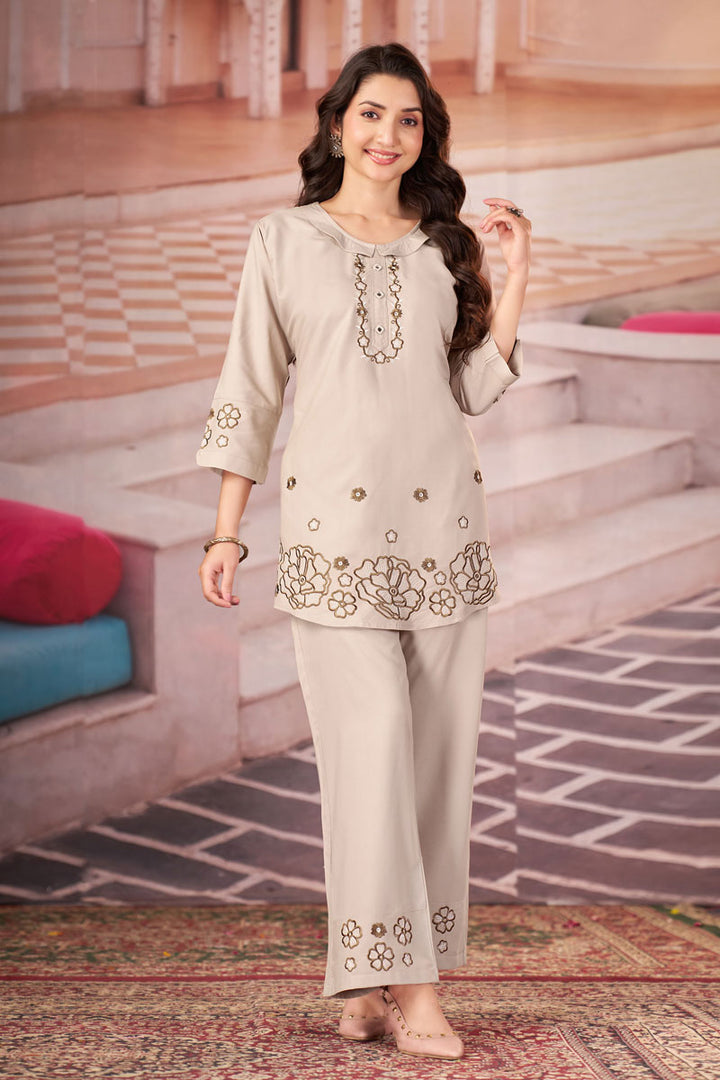 Rayon Festive Style Cream Color Readymade Co Ord Set