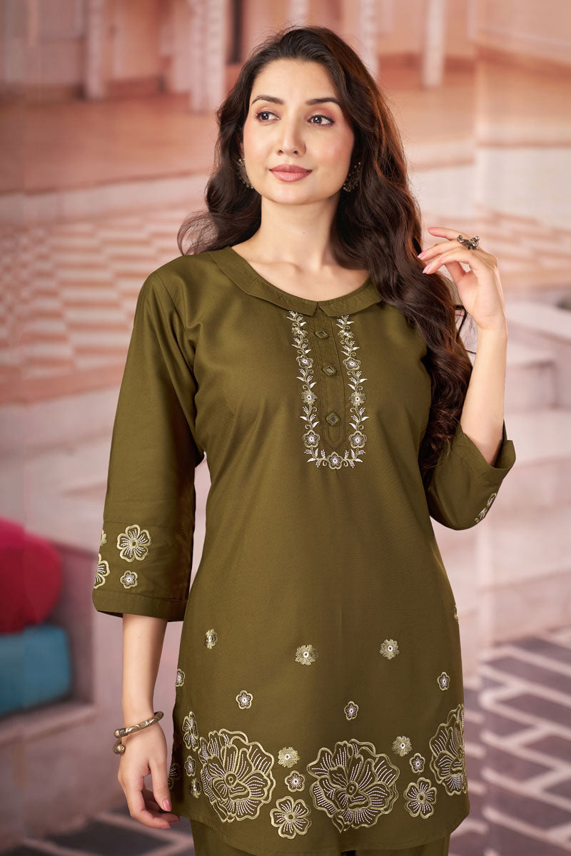 Olive Color Rayon Readymade Co Ord Set For Festive | Buy Online India