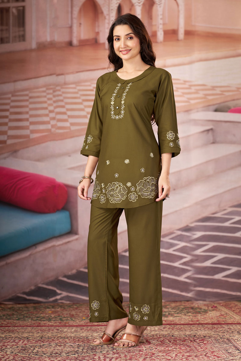 Olive Color Rayon Readymade Co Ord Set For Festive | Buy Online India