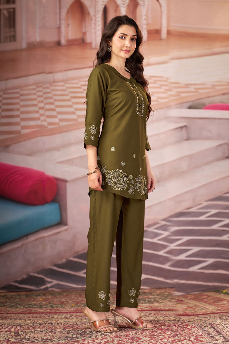 Olive Color Rayon Readymade Co Ord Set For Festive | Buy Online India