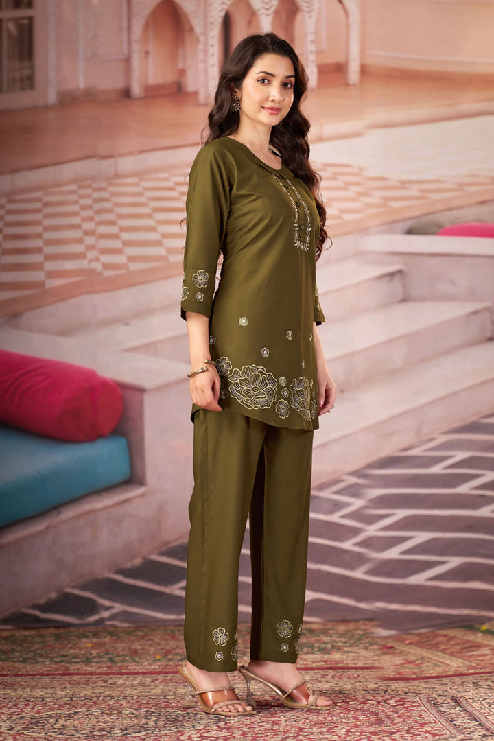Olive Color Rayon Readymade Co Ord Set For Festive | Buy Online India