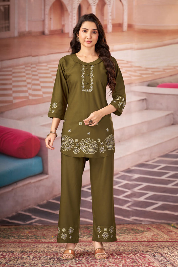Olive Color Rayon Readymade Co Ord Set For Festive | Buy Online India