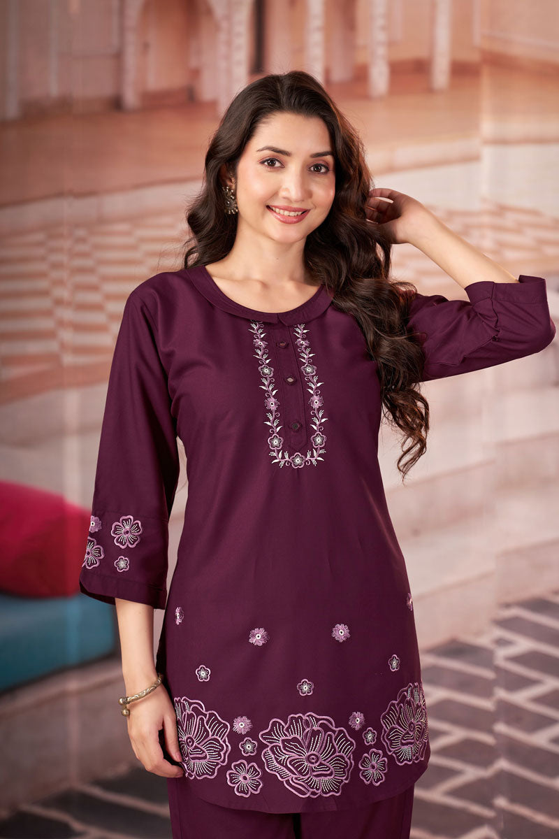 Festive Look Rayon Readymade Co Ord Set In Wine Color