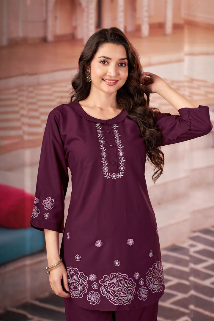 Festive Look Rayon Readymade Co Ord Set In Wine Color