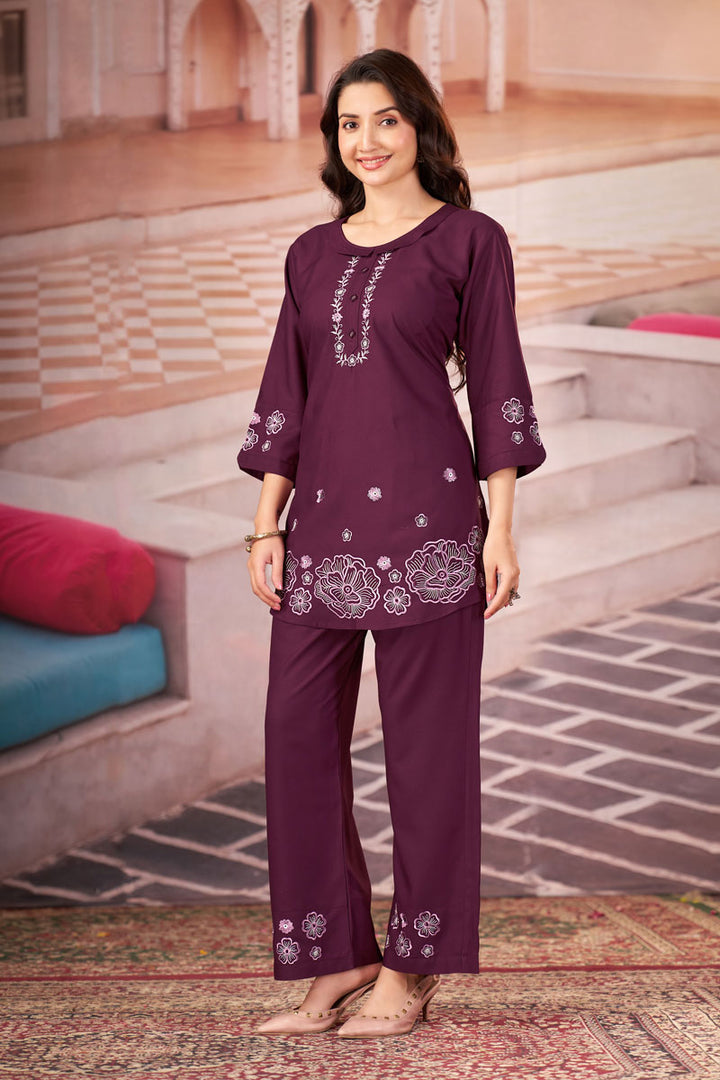 Festive Look Rayon Readymade Co Ord Set In Wine Color