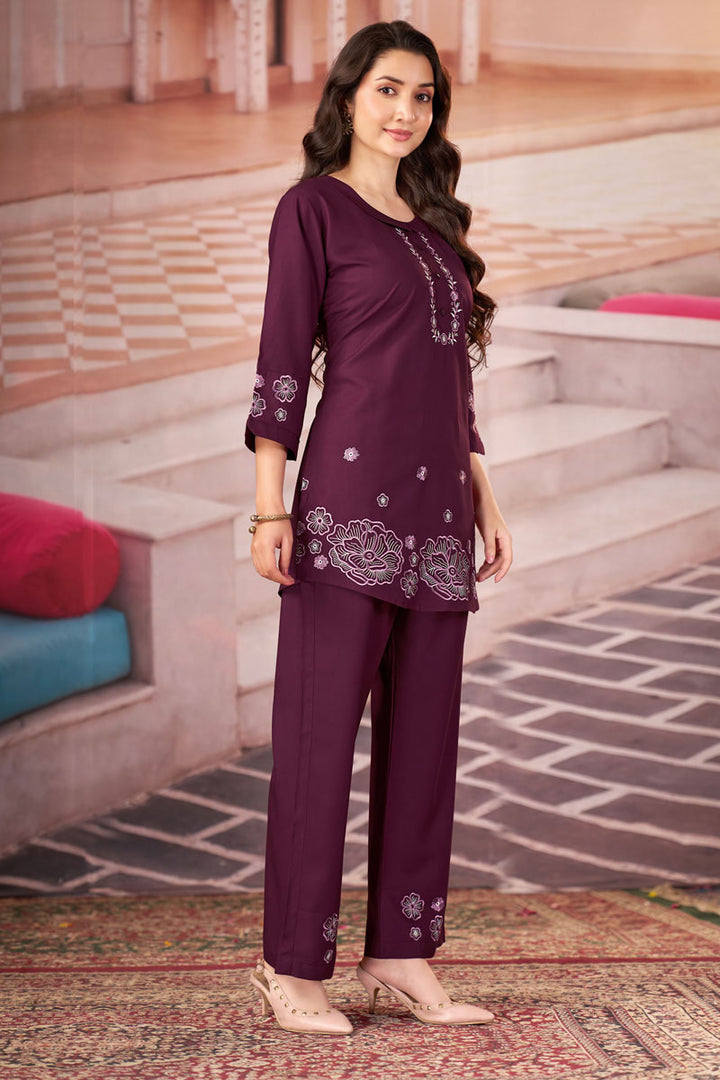 Festive Look Rayon Readymade Co Ord Set In Wine Color