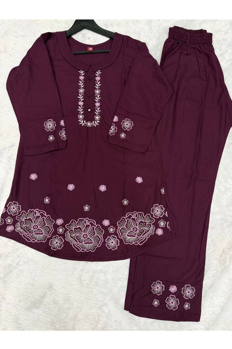 Festive Look Rayon Readymade Co Ord Set In Wine Color