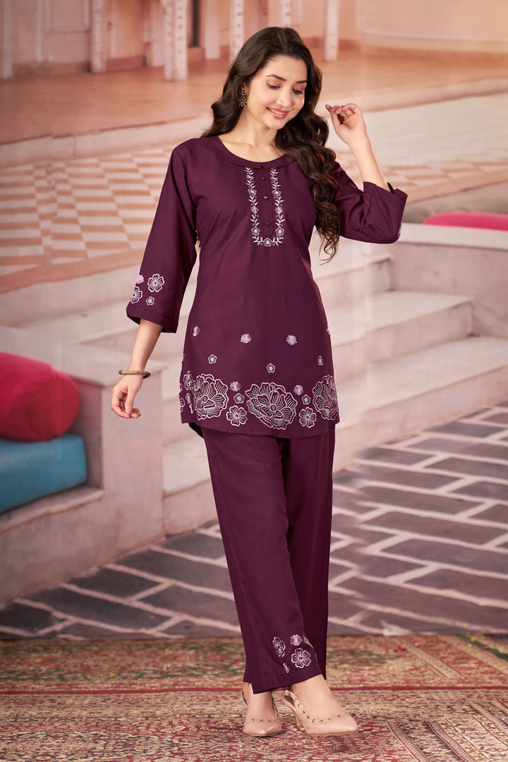 Festive Look Rayon Readymade Co Ord Set In Wine Color
