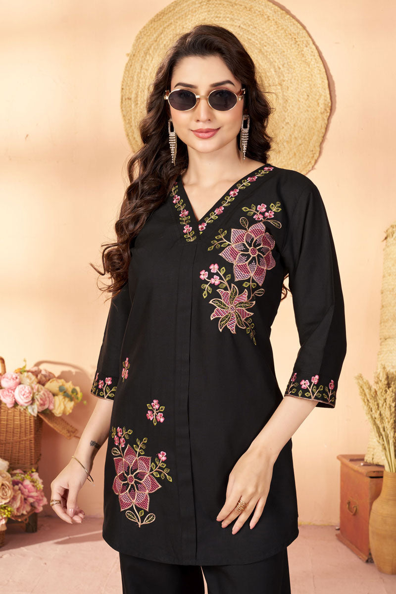 Festive Style Black Color Rayon Fabric Readymade Co-Ord Set