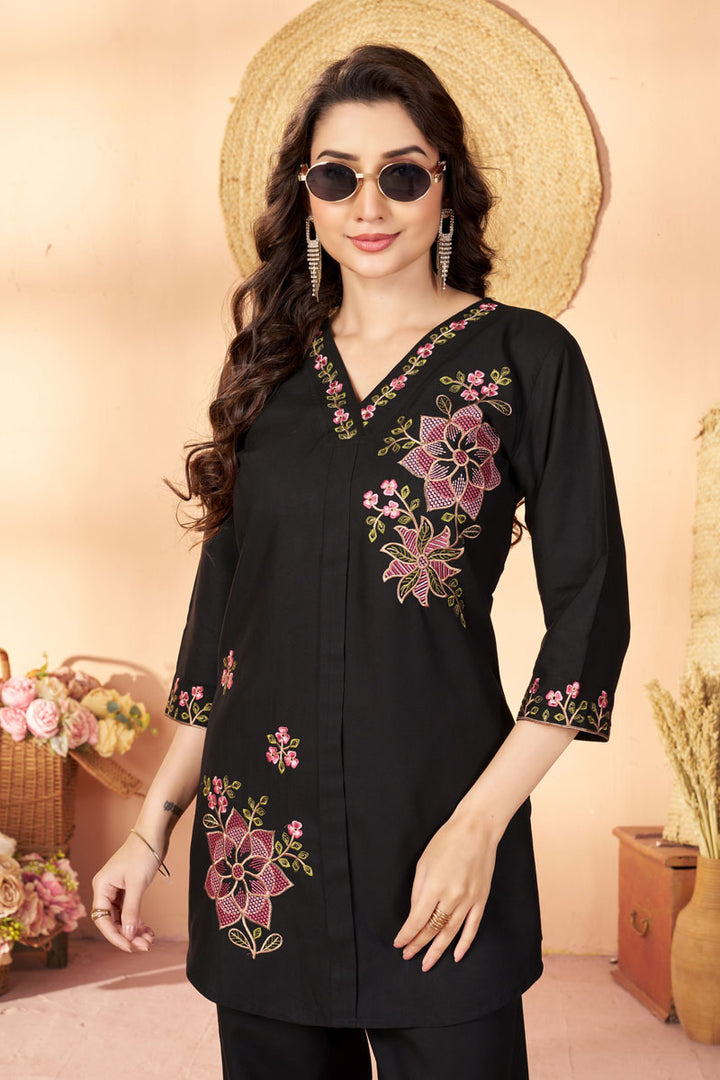 Festive Style Black Color Rayon Fabric Readymade Co-Ord Set