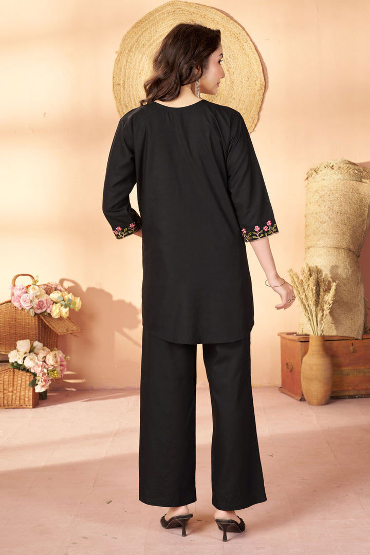 Festive Style Black Color Rayon Fabric Readymade Co-Ord Set