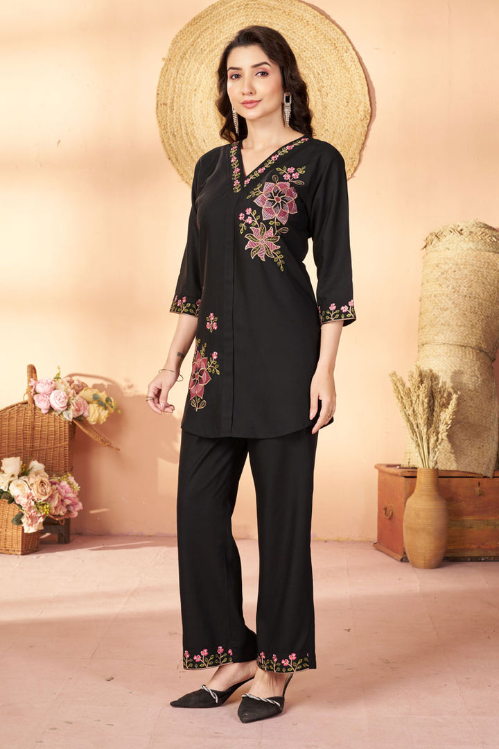 Festive Style Black Color Rayon Fabric Readymade Co-Ord Set