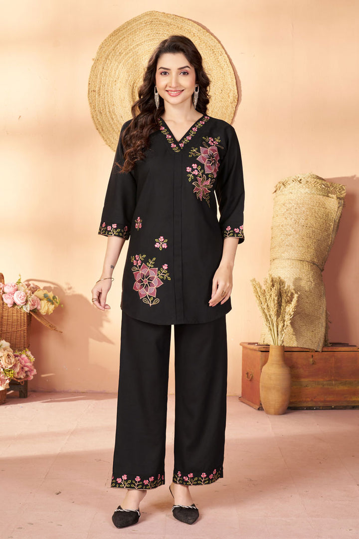 Festive Style Black Color Rayon Fabric Readymade Co-Ord Set