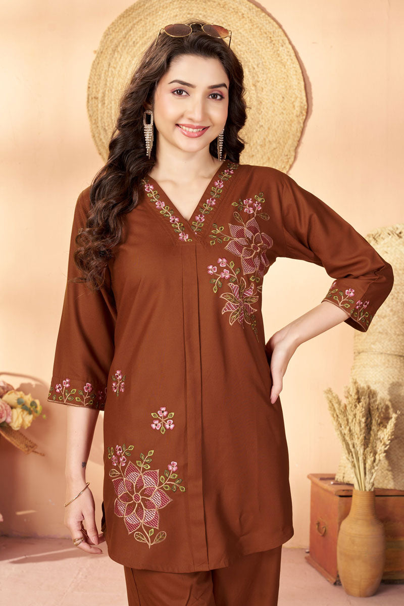 Brown Color Rayon Fabric Readymade Co-Ord Set For Festive | Buy Online India