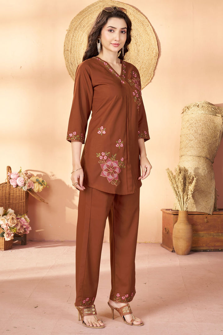 Brown Color Rayon Fabric Readymade Co-Ord Set For Festive | Buy Online India