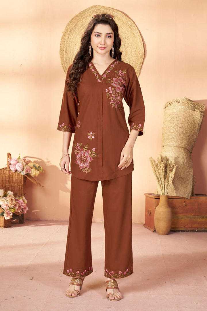 Brown Color Rayon Fabric Readymade Co-Ord Set For Festive | Buy Online India