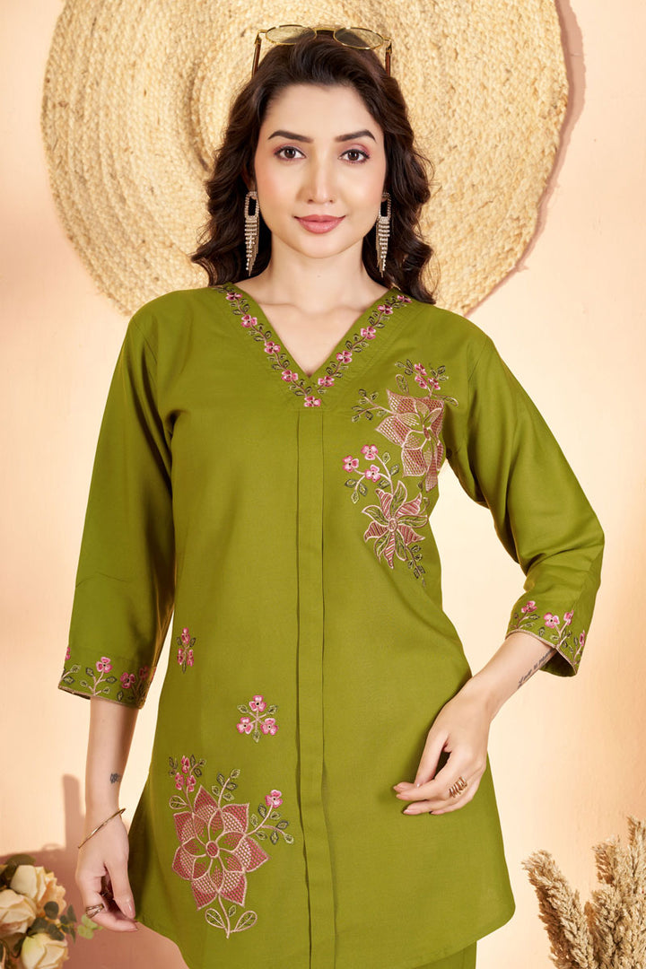 Rayon Fabric Green Color Festive Style Readymade Co-Ord Set