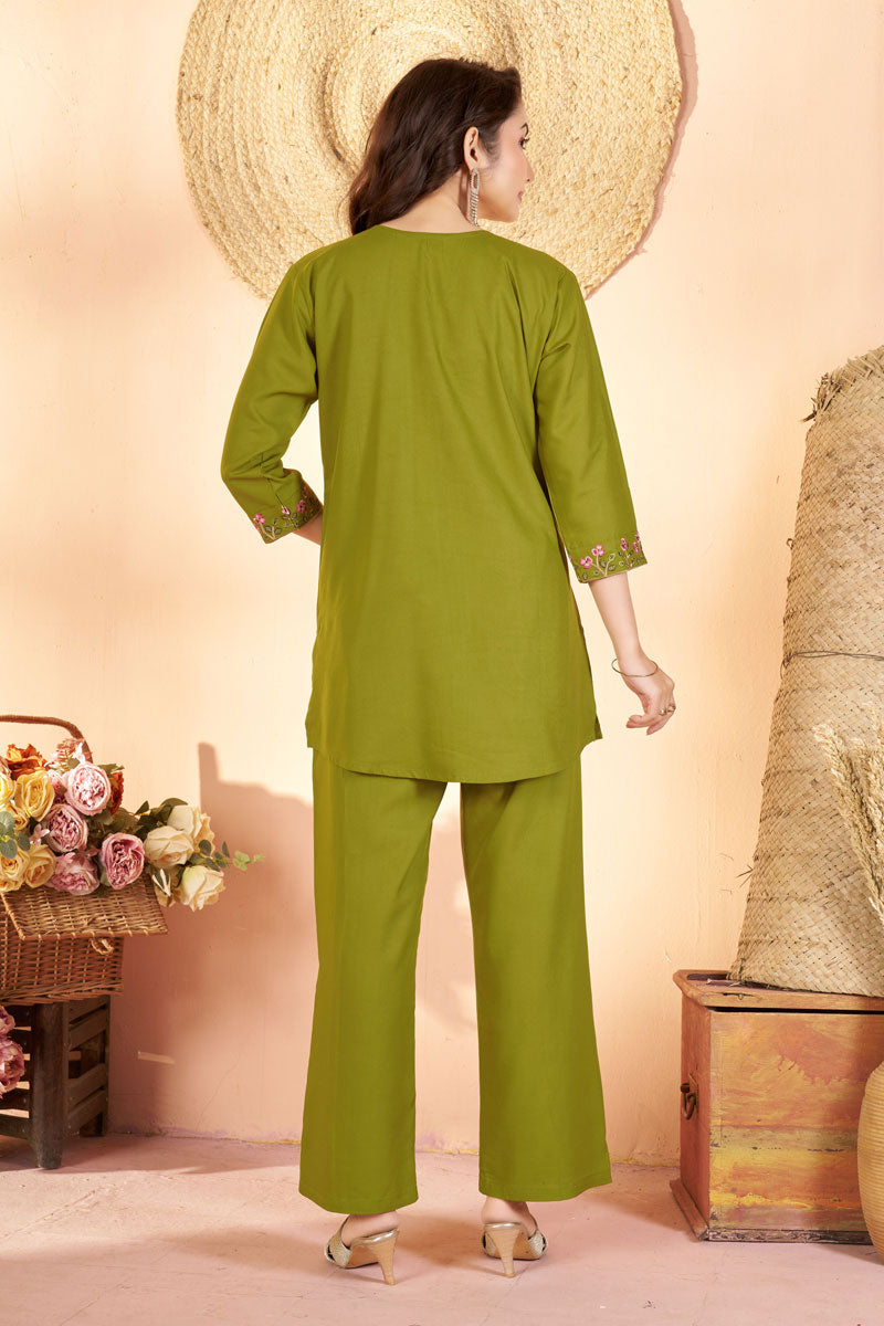 Rayon Fabric Green Color Festive Style Readymade Co-Ord Set