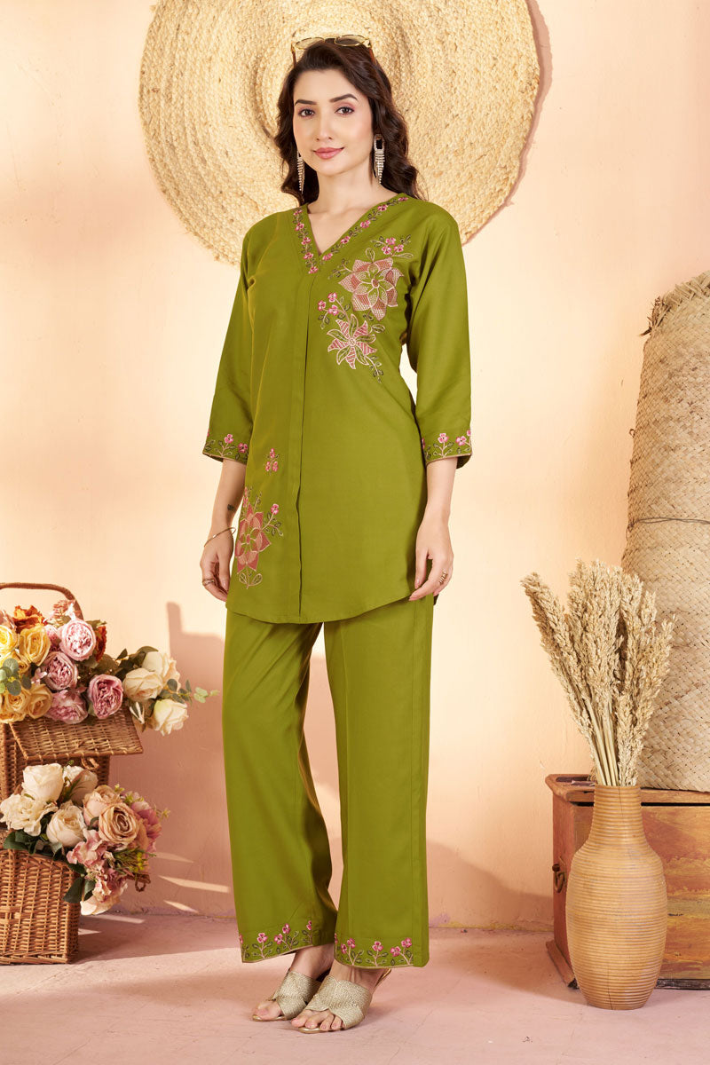 Rayon Fabric Green Color Festive Style Readymade Co-Ord Set